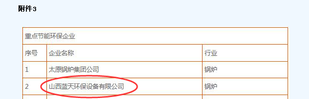 山西蓝环保设备有限公司被列为重点节能环保企业